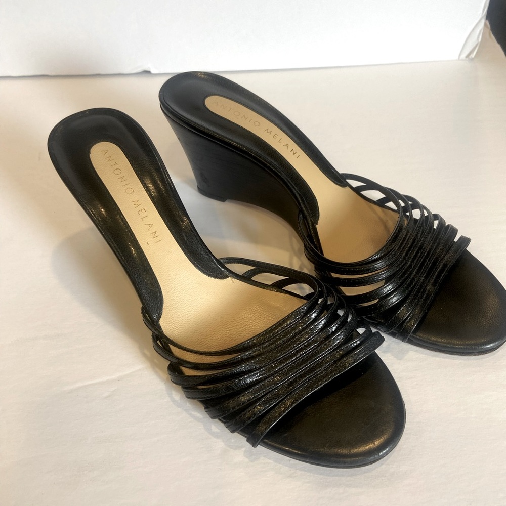 Antonio Melani black slip on wedges size 6